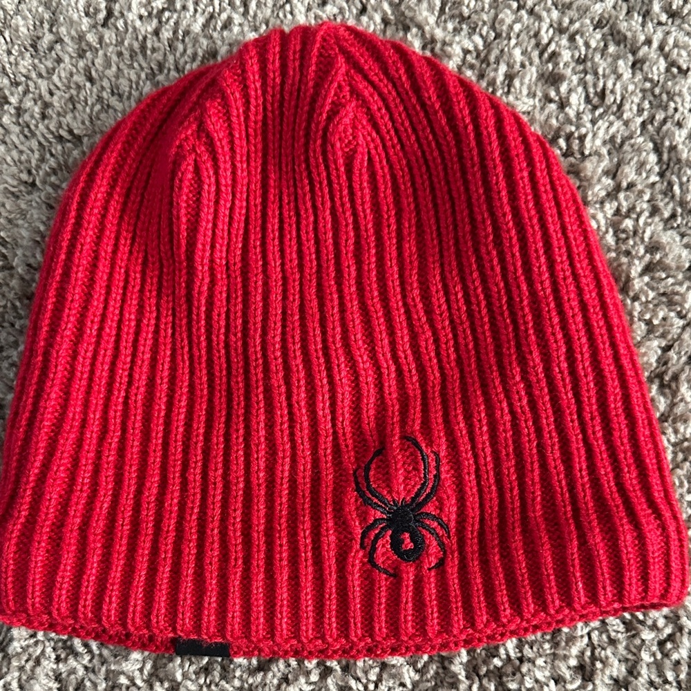 Spyder Fleece Lined Red Knit Beanie with Spider Embroidery